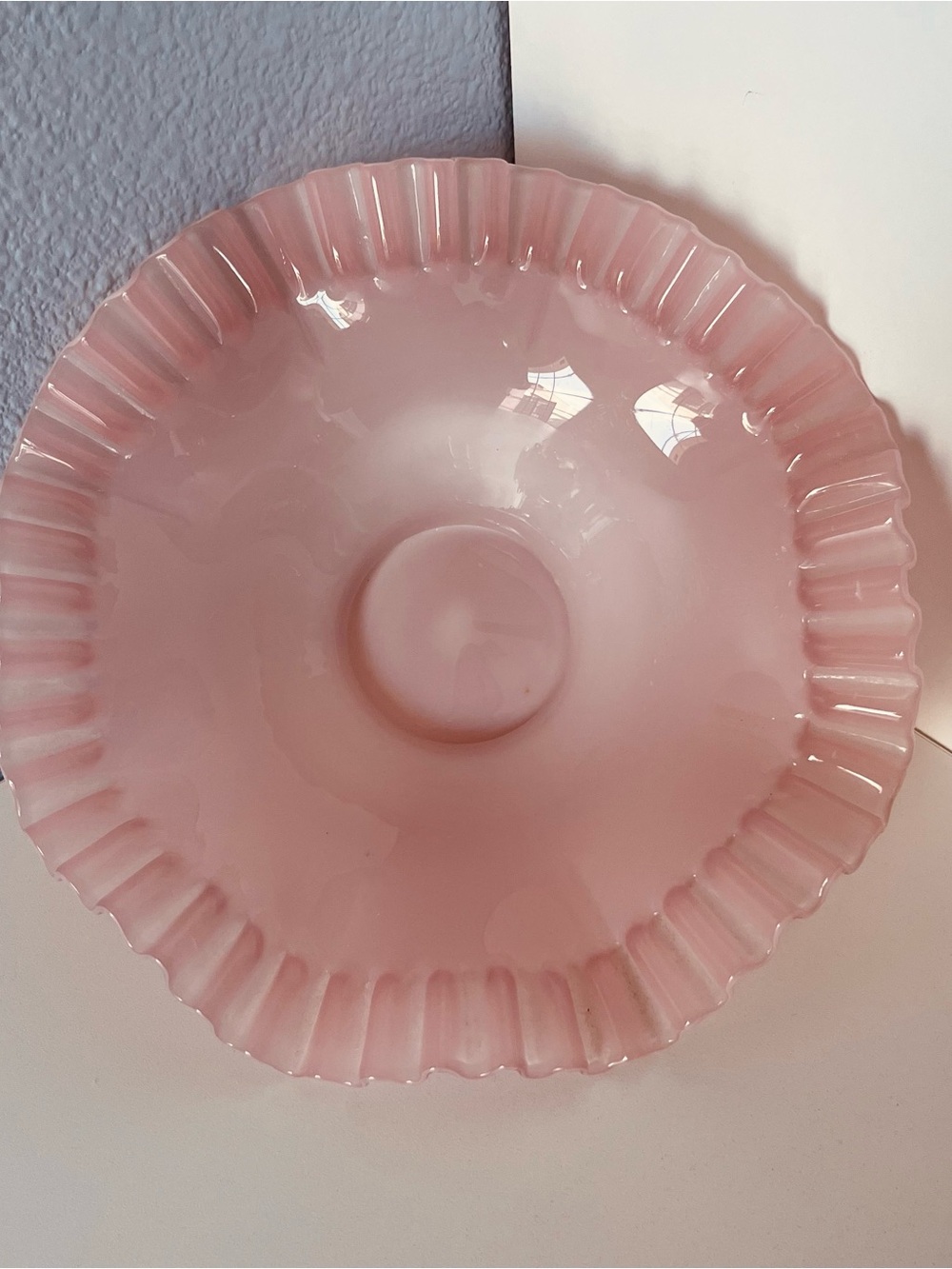 Vtg Fenton Pale Pink Glass Crimped Ruffle Edged Bowl 9.25” Diameter 3” Deep